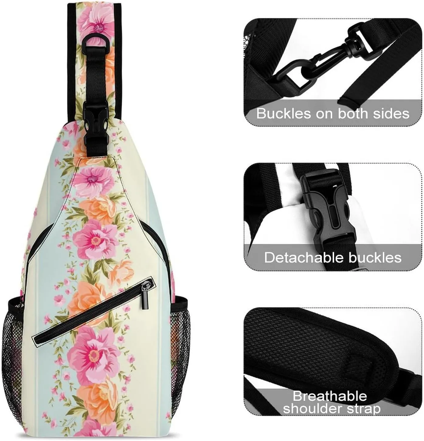 Striped-cute-flowers Sling Bag Crossbody Backpack for Men Women Chest Bag For Travel Hiking Cycling Camping