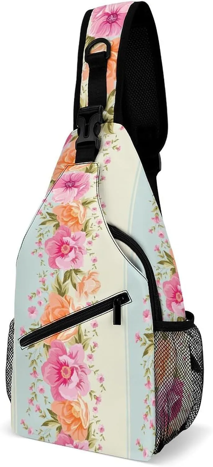 Striped-cute-flowers Sling Bag Crossbody Backpack for Men Women Chest Bag For Travel Hiking Cycling Camping