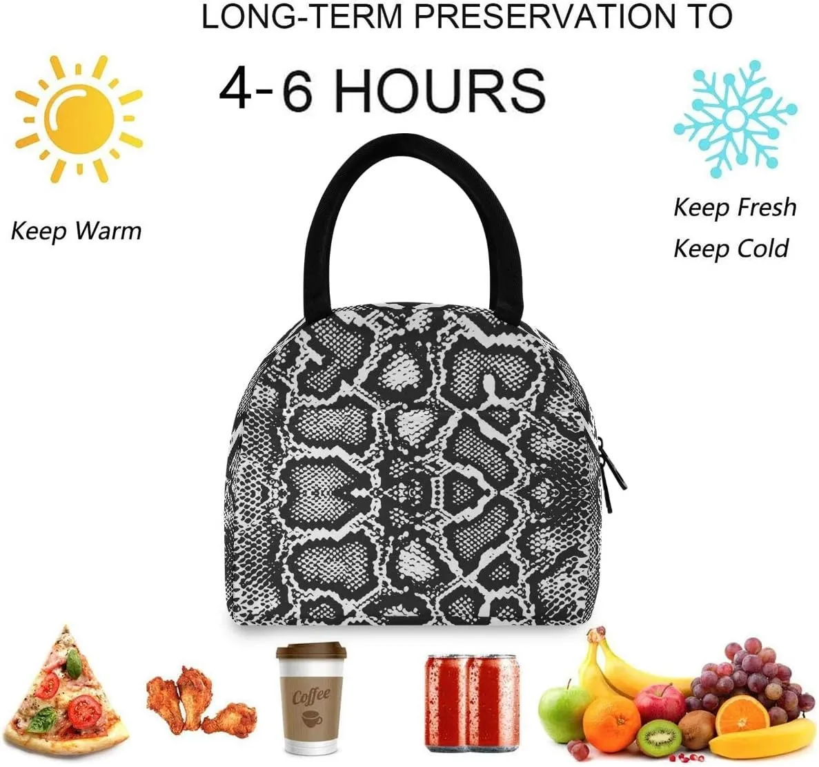 Stylish Snake Skin Print Reusable Lunch Tote Bag with Front Pocket Zipper Closure Insulated Cooler Container Bag for Man Women Work Picnic Travel Beach Fishing