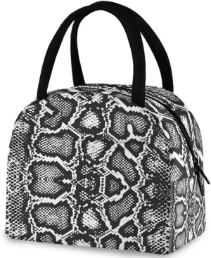 Stylish Snake Skin Print Reusable Lunch Tote Bag with Front Pocket Zipper Closure Insulated Cooler Container Bag for Man Women Work Picnic Travel Beach Fishing