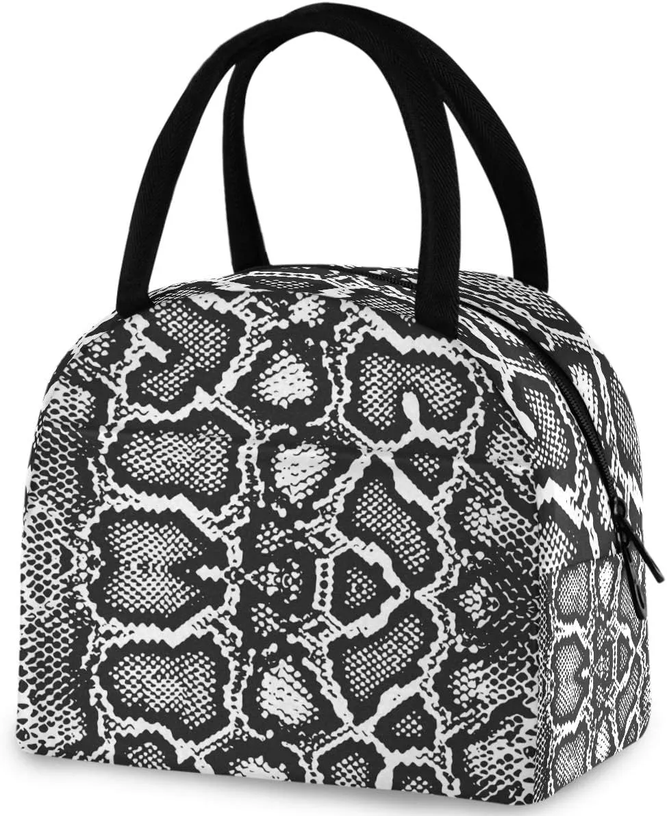 Stylish Snake Skin Print Reusable Lunch Tote Bag with Front Pocket Zipper Closure Insulated Cooler Container Bag for Man Women Work Picnic Travel Beach Fishing