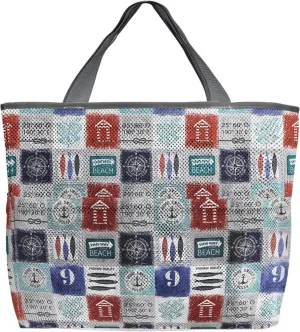 Summer Beach Beach Tote Bag for Women, Ocean Nautical Coastal Red Blue Plaid Mesh Beach Bags Waterproof Sandproof, Outdoor Picnic Swim Pool Handbag - Large Beach Bag with Zipper and Pockets