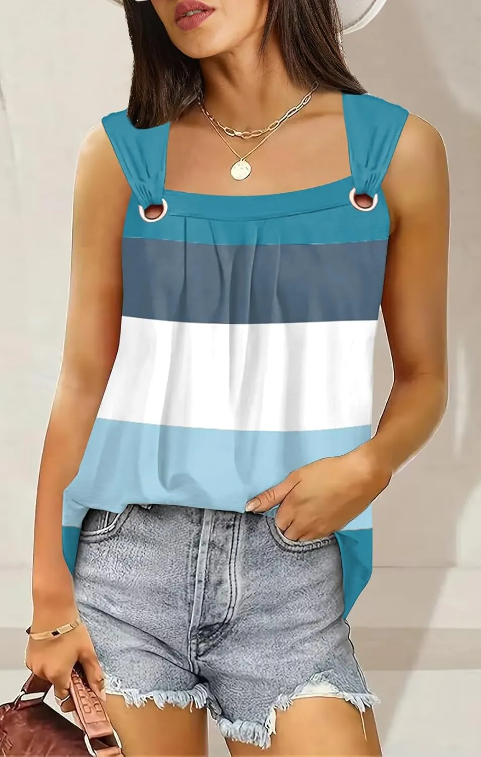 Summer Tank Tops for Women Pleated Square Neck O Ring Shoulder Sleeveless Shirts Casual Loose Fit Trendy Blouses