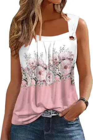Summer Tank Tops for Women Pleated Square Neck O Ring Shoulder Sleeveless Shirts Casual Loose Fit Trendy Blouses