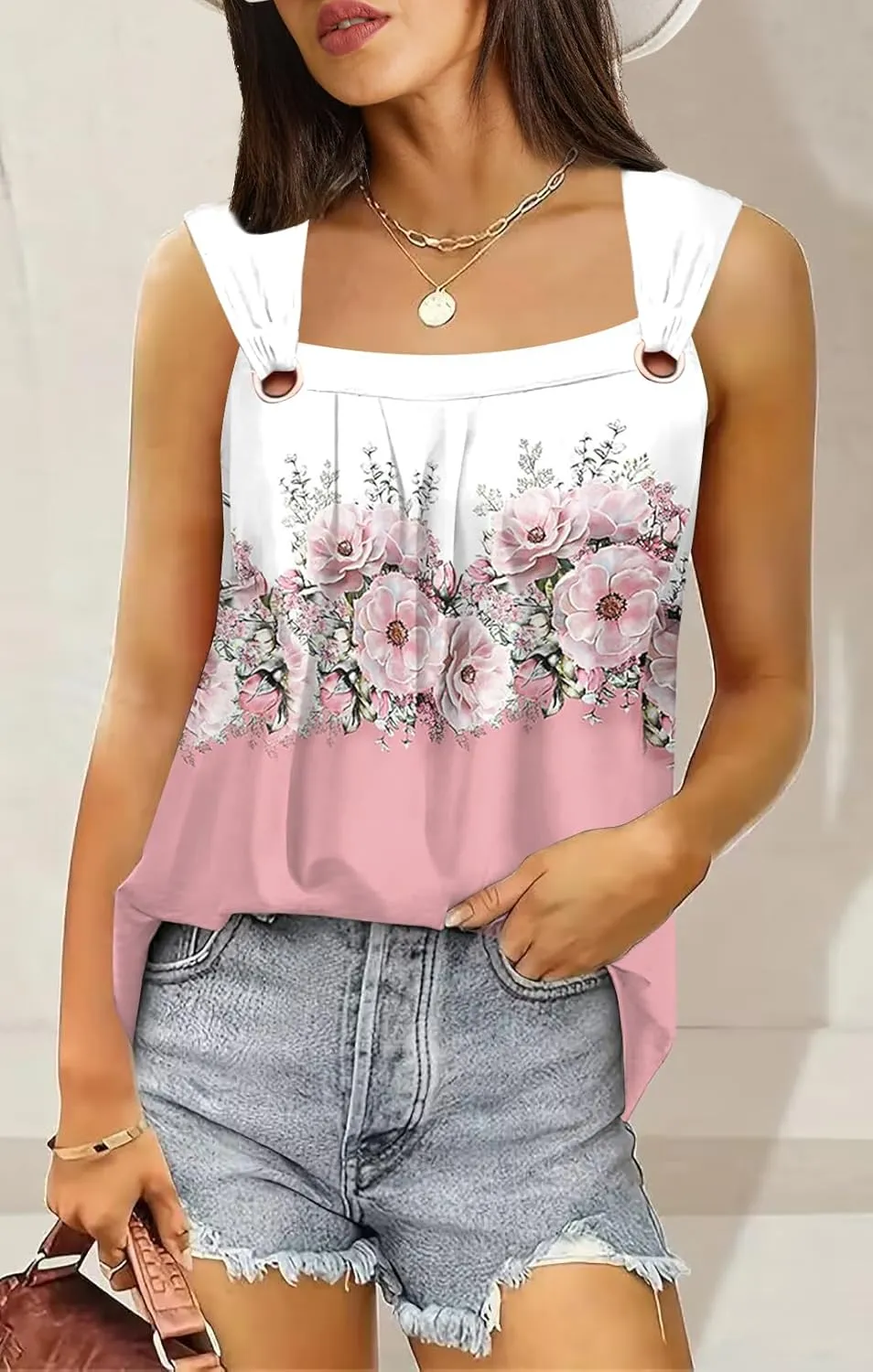 Summer Tank Tops for Women Pleated Square Neck O Ring Shoulder Sleeveless Shirts Casual Loose Fit Trendy Blouses