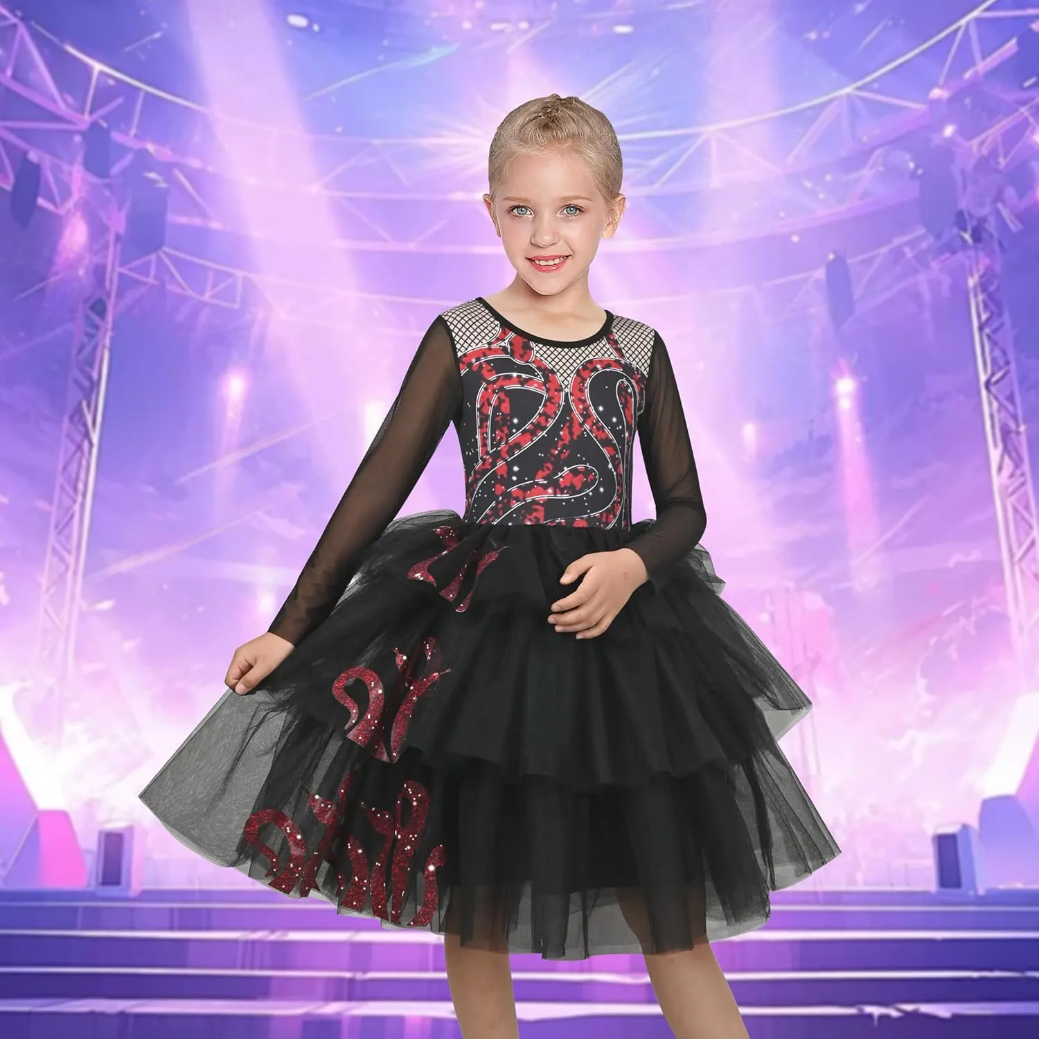 Sunny Fashion Girls Dress Black Lace Long Sleeve Organza Ruffle Polka Belt