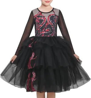 Sunny Fashion Girls Dress Black Lace Long Sleeve Organza Ruffle Polka Belt