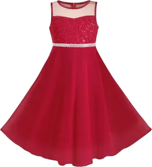 Sunny Fashion Girls Dress Flower Lace Top Burgundy Gradient Skirt Sleeveless