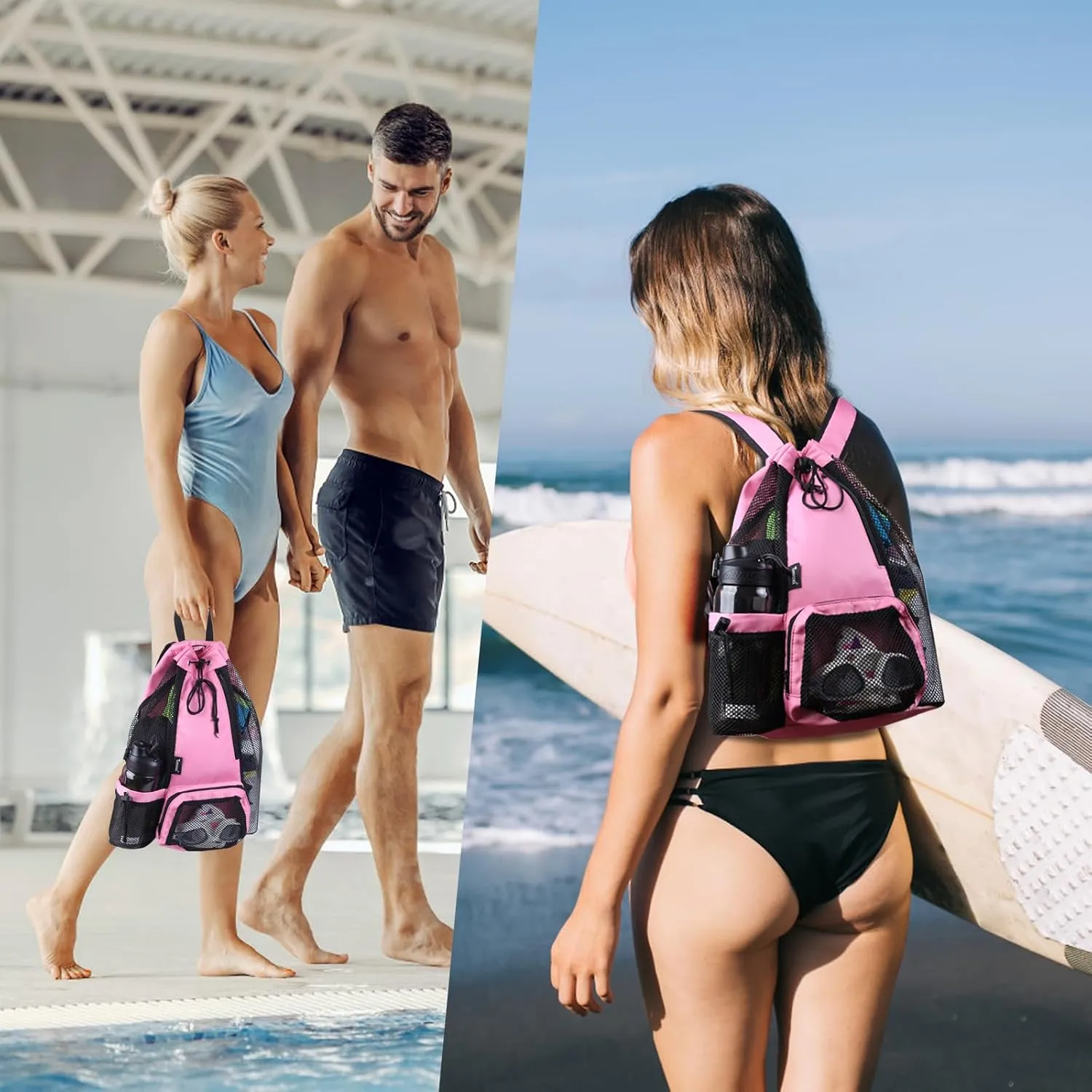 Swim Bag Beach Backpack with Padded Shoulder Strap Mesh Backpack with Wet Pocket for Swimming, Gym