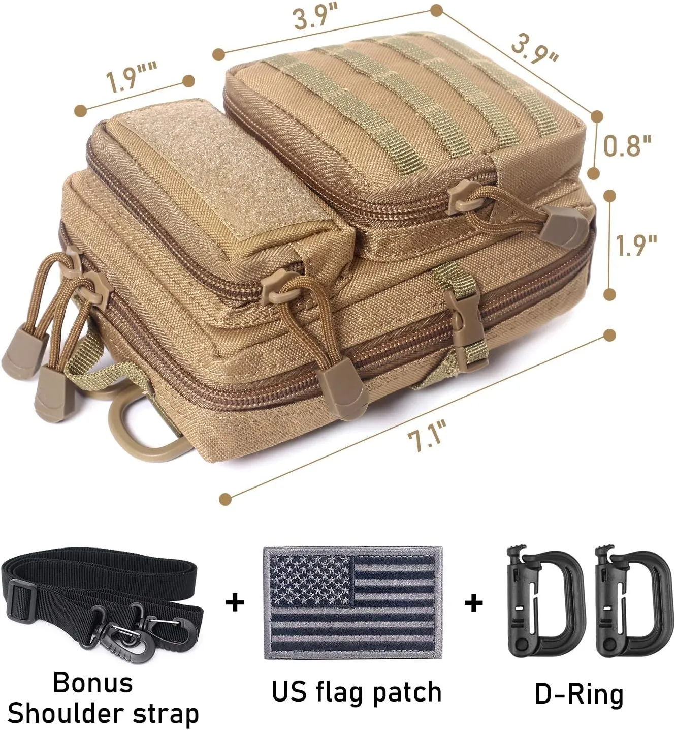 Tactical Molle Pouch Compact EDC Tool Pouch Bag Mini Utility Pouch with US Flag Patch, Shoulder Strap & Two D-Rings