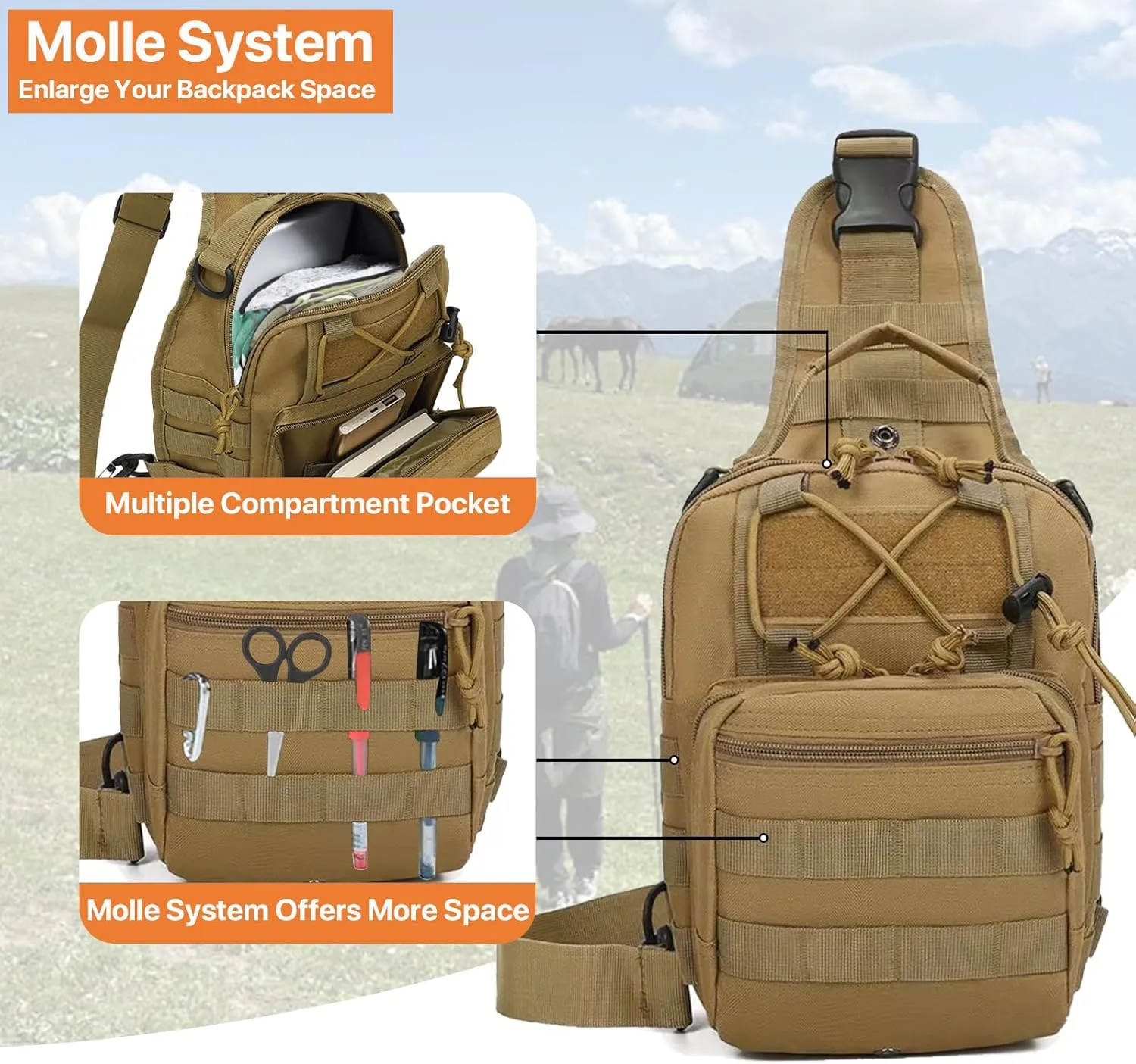Tactical Sling Bag for Men, Small Crossbody Bag Chest Holster, EDC Shoulder Bag, Khaki