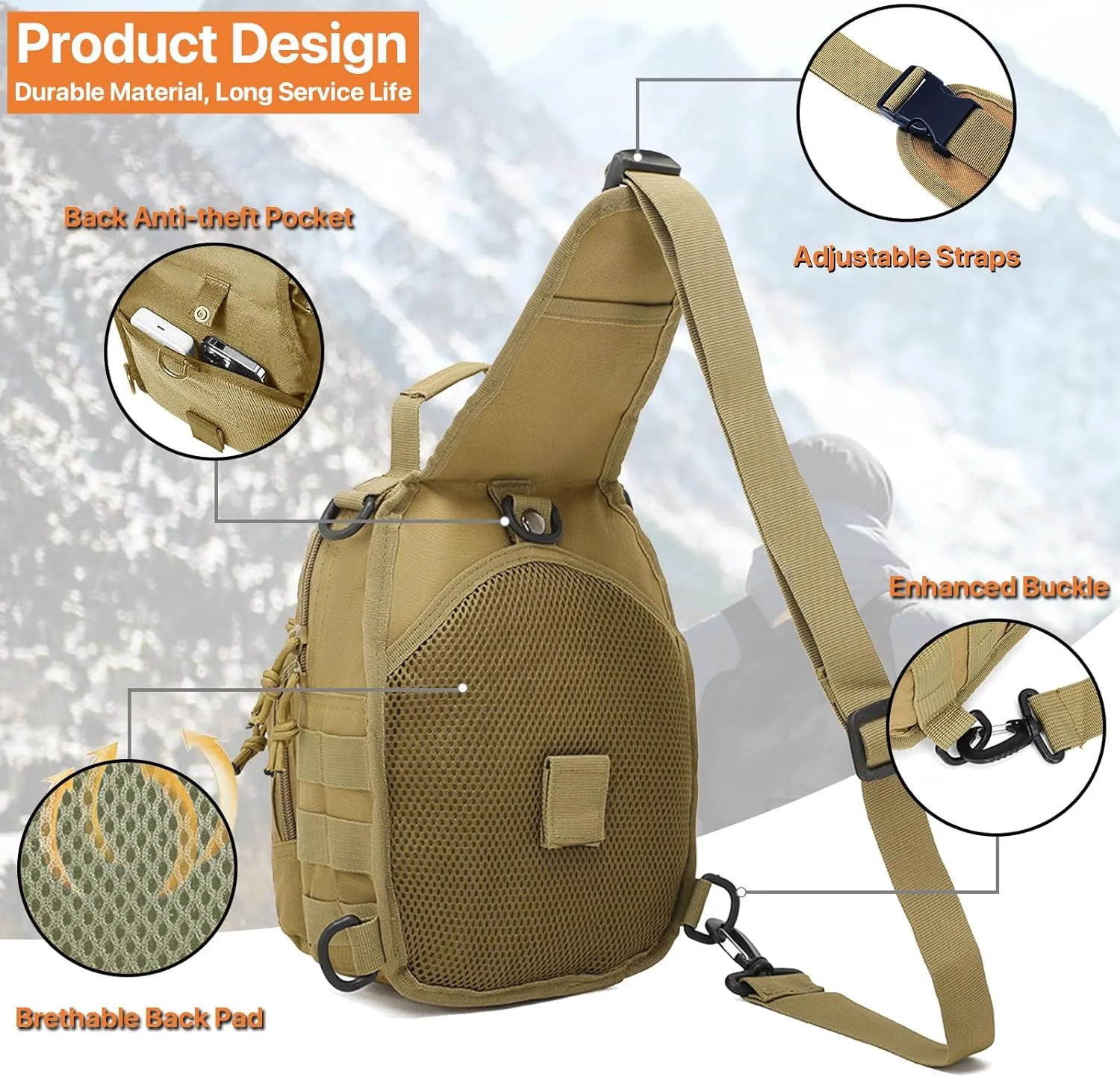 Tactical Sling Bag for Men, Small Crossbody Bag Chest Holster, EDC Shoulder Bag, Khaki