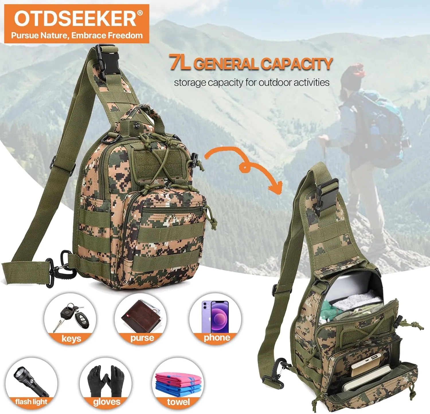 Tactical Sling Bag for Men, Small Crossbody Bag Chest Holster, EDC Shoulder Bag, Woodland Ditigal