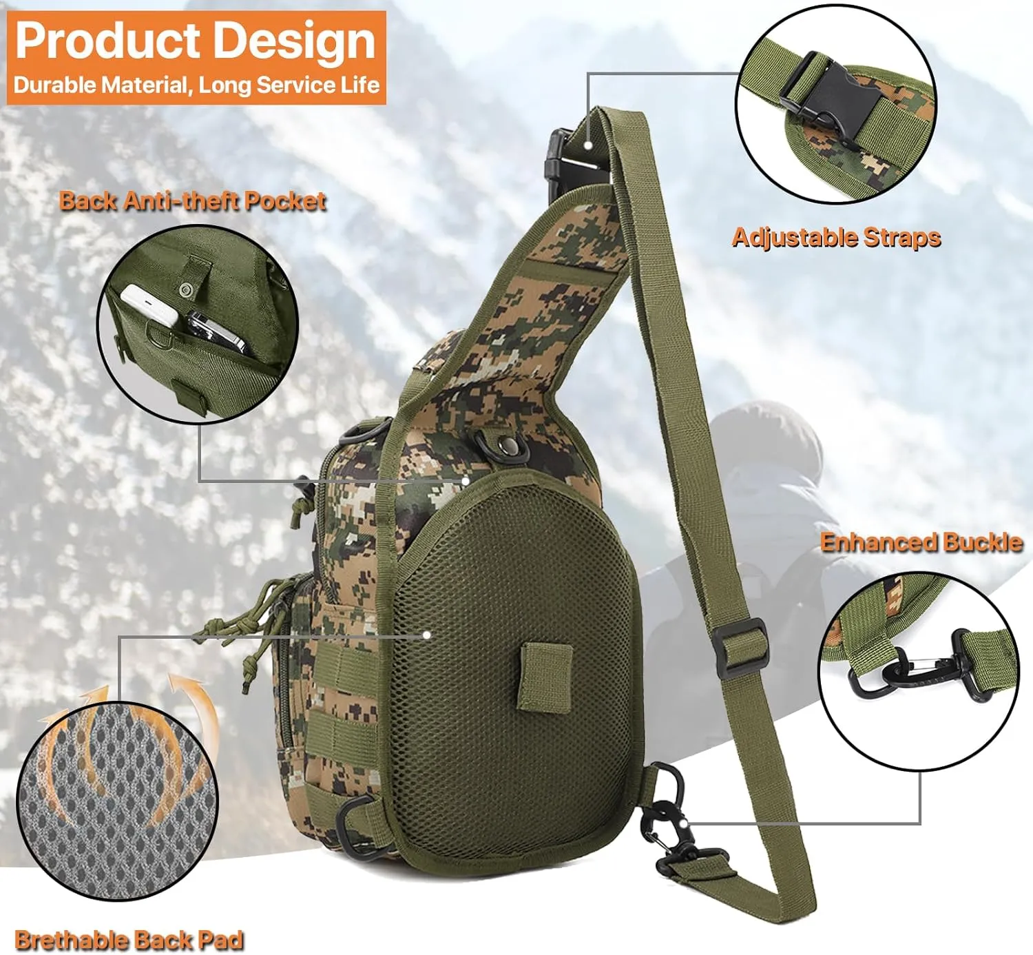 Tactical Sling Bag for Men, Small Crossbody Bag Chest Holster, EDC Shoulder Bag, Woodland Ditigal