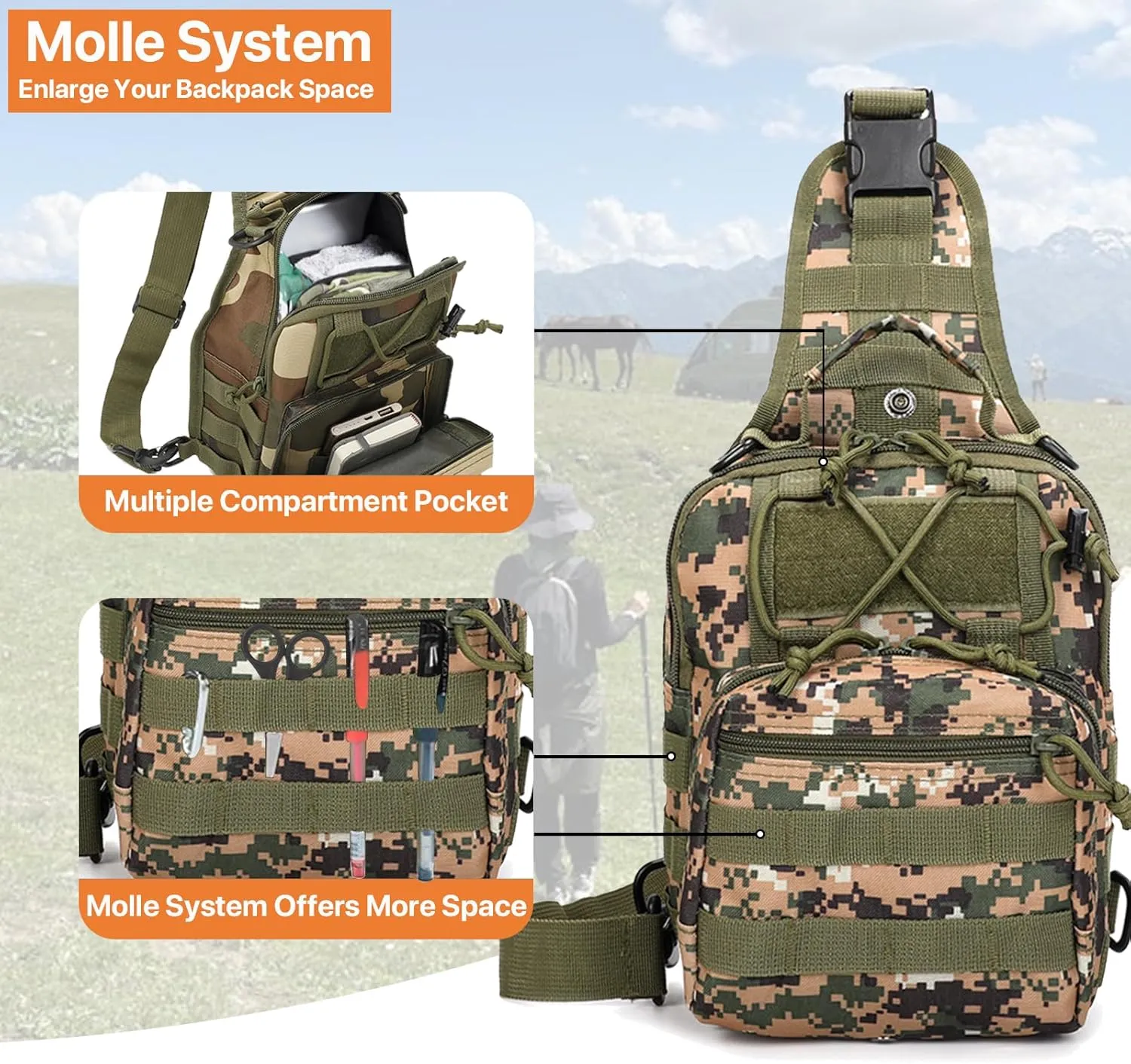 Tactical Sling Bag for Men, Small Crossbody Bag Chest Holster, EDC Shoulder Bag, Woodland Ditigal