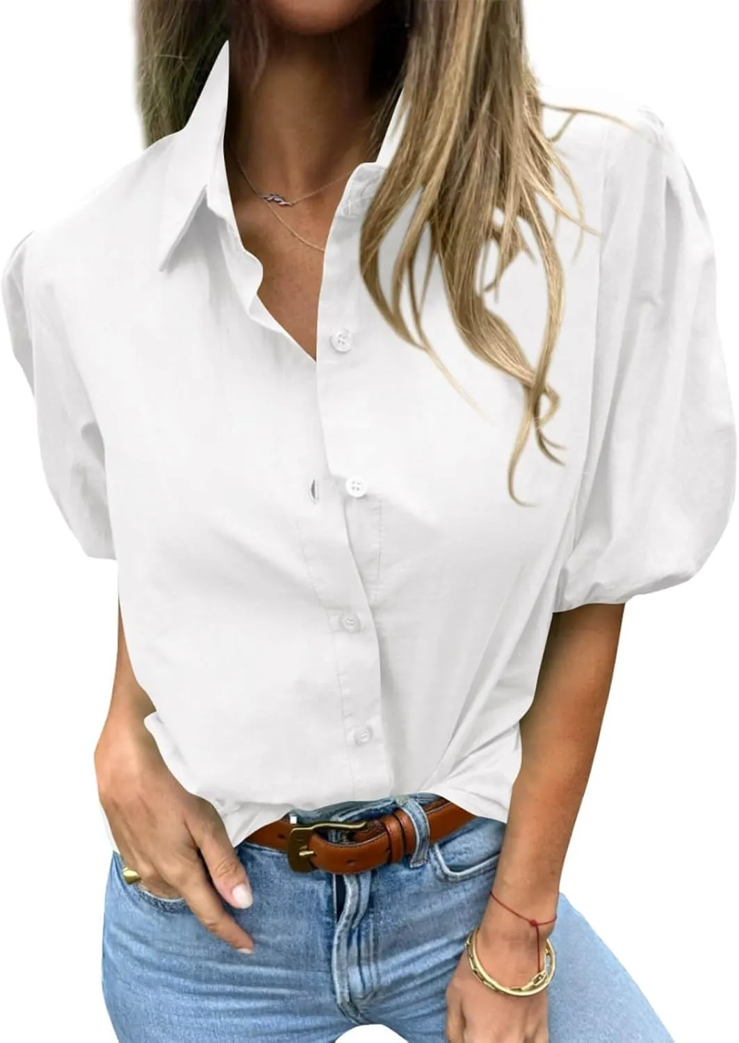 Tankaneo Women's Button Down Shirts Short Puff Sleeve Collared Dressy Casual Blouse Tops