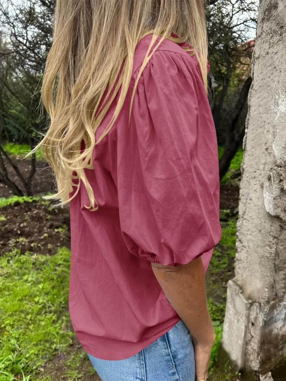 Tankaneo Women's Button Down Shirts Short Puff Sleeve Collared Dressy Casual Blouse Tops