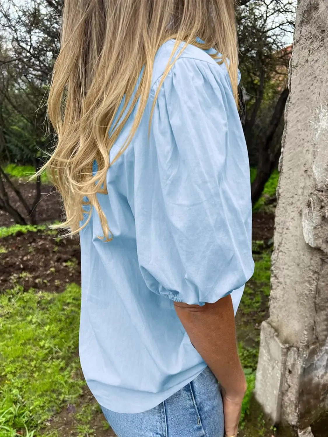 Tankaneo Women's Button Down Shirts Short Puff Sleeve Collared Dressy Casual Blouse Tops