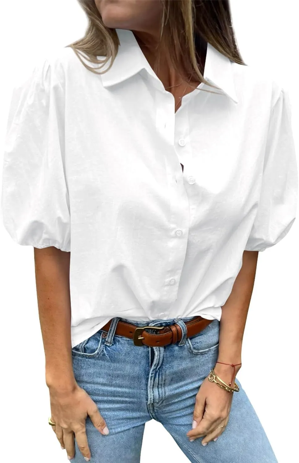Tankaneo Women's Button Down Shirts Short Puff Sleeve Collared Dressy Casual Blouse Tops