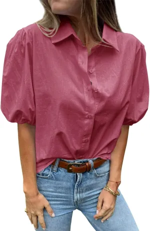 Tankaneo Women's Button Down Shirts Short Puff Sleeve Collared Dressy Casual Blouse Tops