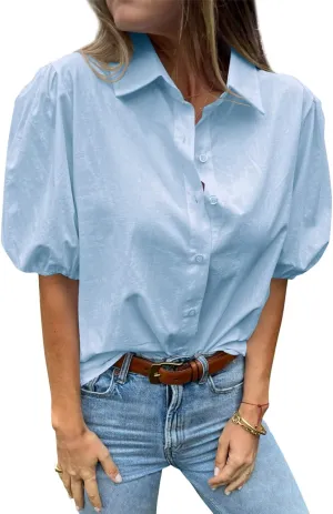 Tankaneo Women's Button Down Shirts Short Puff Sleeve Collared Dressy Casual Blouse Tops