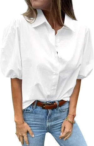 Tankaneo Women's Button Down Shirts Short Puff Sleeve Collared Dressy Casual Blouse Tops
