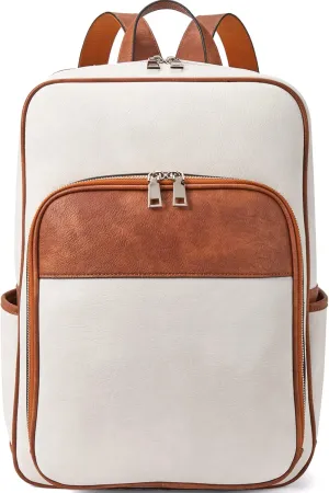 Telena Leather Laptop Backpack for Women Business Casual College Bags Beige-Brown