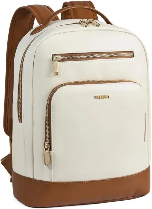 Telena Leather Laptop Backpack Women Men 15 inch Computer Bag Vintage Work Business for Teacher Nurse Beige Brown