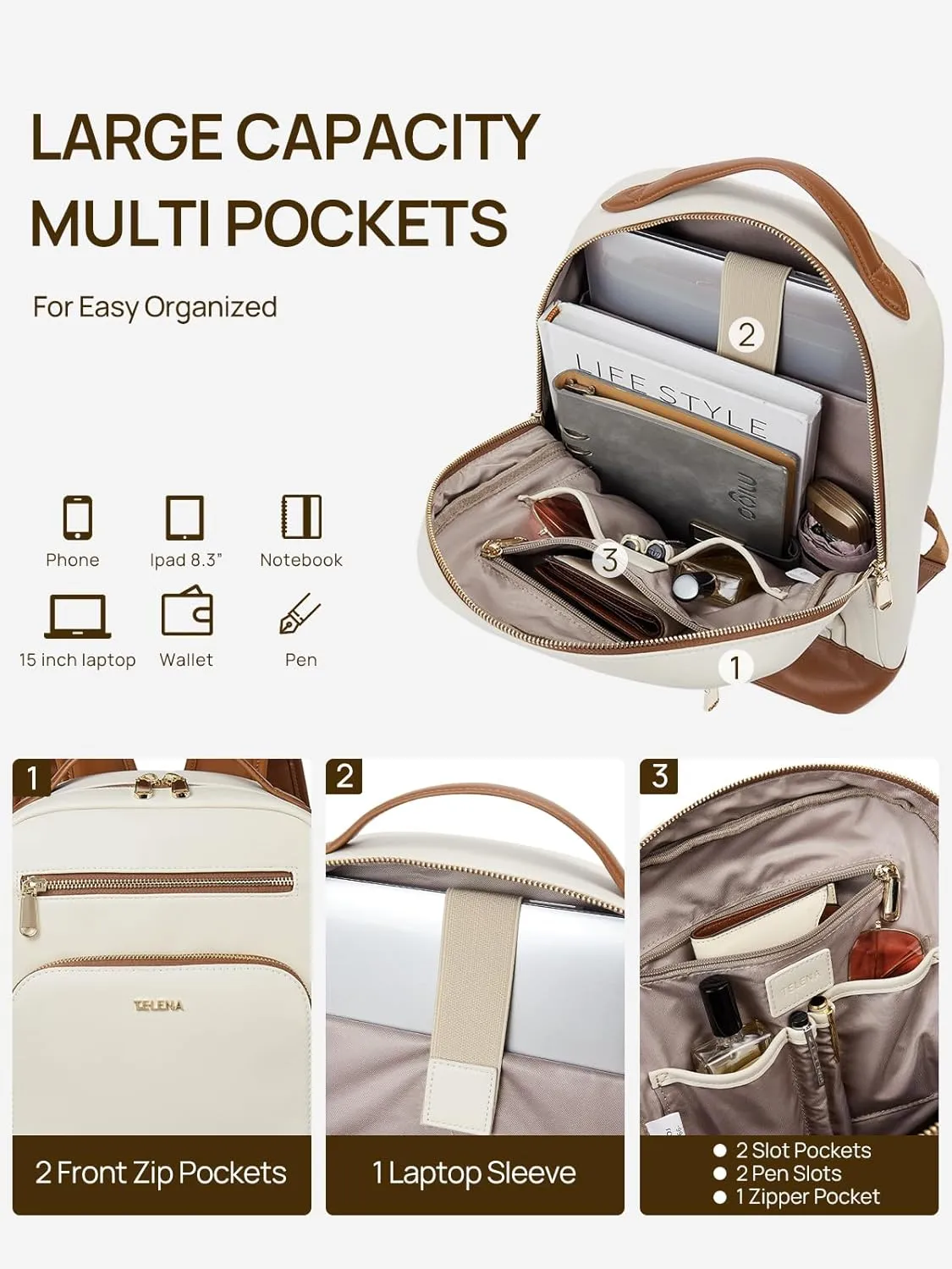 Telena Leather Laptop Backpack Women Men 15 inch Computer Bag Vintage Work Business for Teacher Nurse Beige Brown