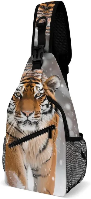 Tiger in Snow Crossbody Bag Over Shoulder Sling Backpack Casual Cross Chest Side Pouch 38x20cm