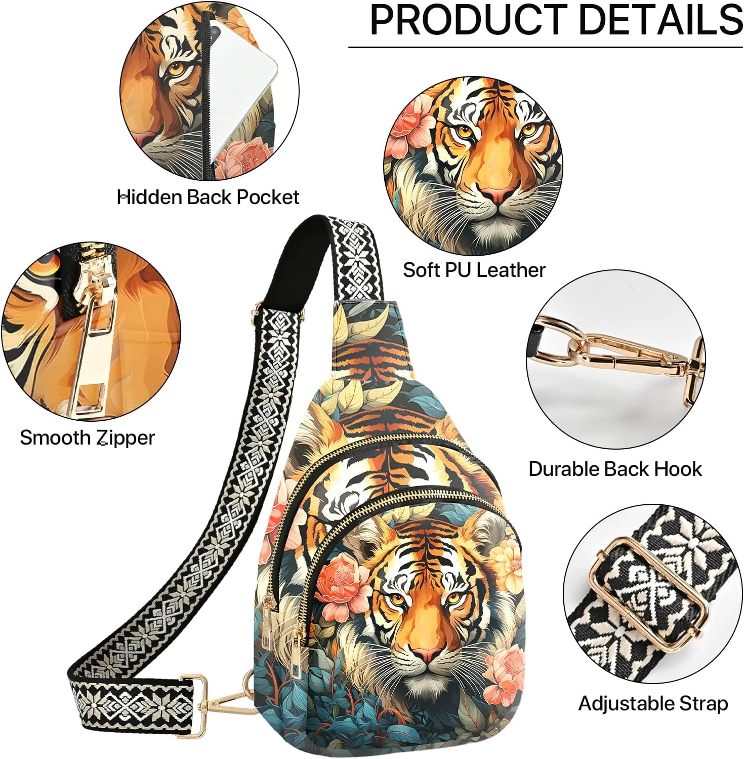 Tiger Leather Sling Bag Small Crossbody Backpack Travel Shoulder Pack Hiking chest Daypack for Women Adjustable Lightweight Outdoor Waterproof Workout