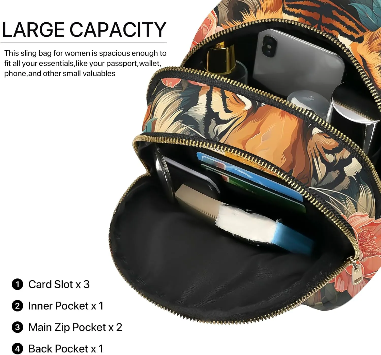 Tiger Leather Sling Bag Small Crossbody Backpack Travel Shoulder Pack Hiking chest Daypack for Women Adjustable Lightweight Outdoor Waterproof Workout