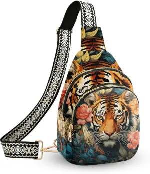 Tiger Leather Sling Bag Small Crossbody Backpack Travel Shoulder Pack Hiking chest Daypack for Women Adjustable Lightweight Outdoor Waterproof Workout