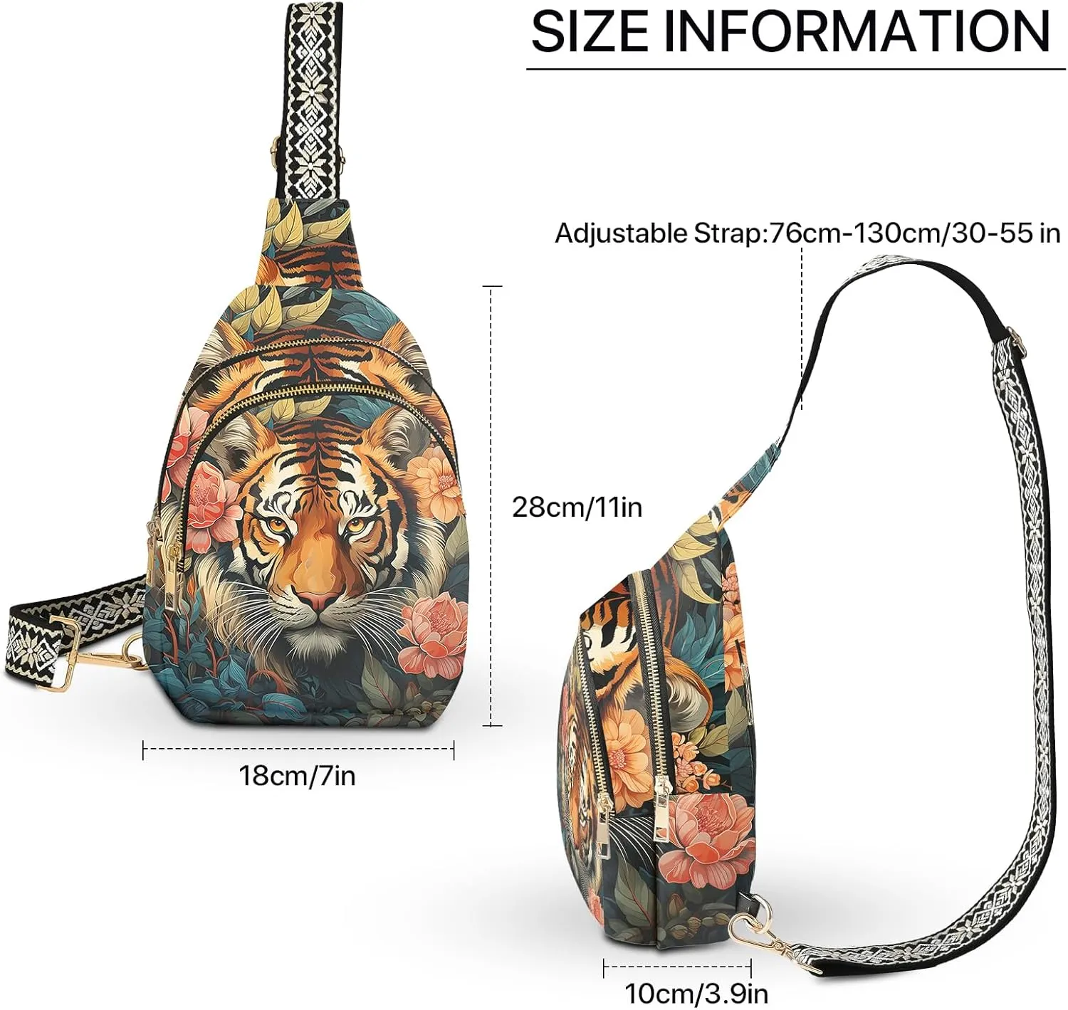 Tiger Leather Sling Bag Small Crossbody Backpack Travel Shoulder Pack Hiking chest Daypack for Women Adjustable Lightweight Outdoor Waterproof Workout