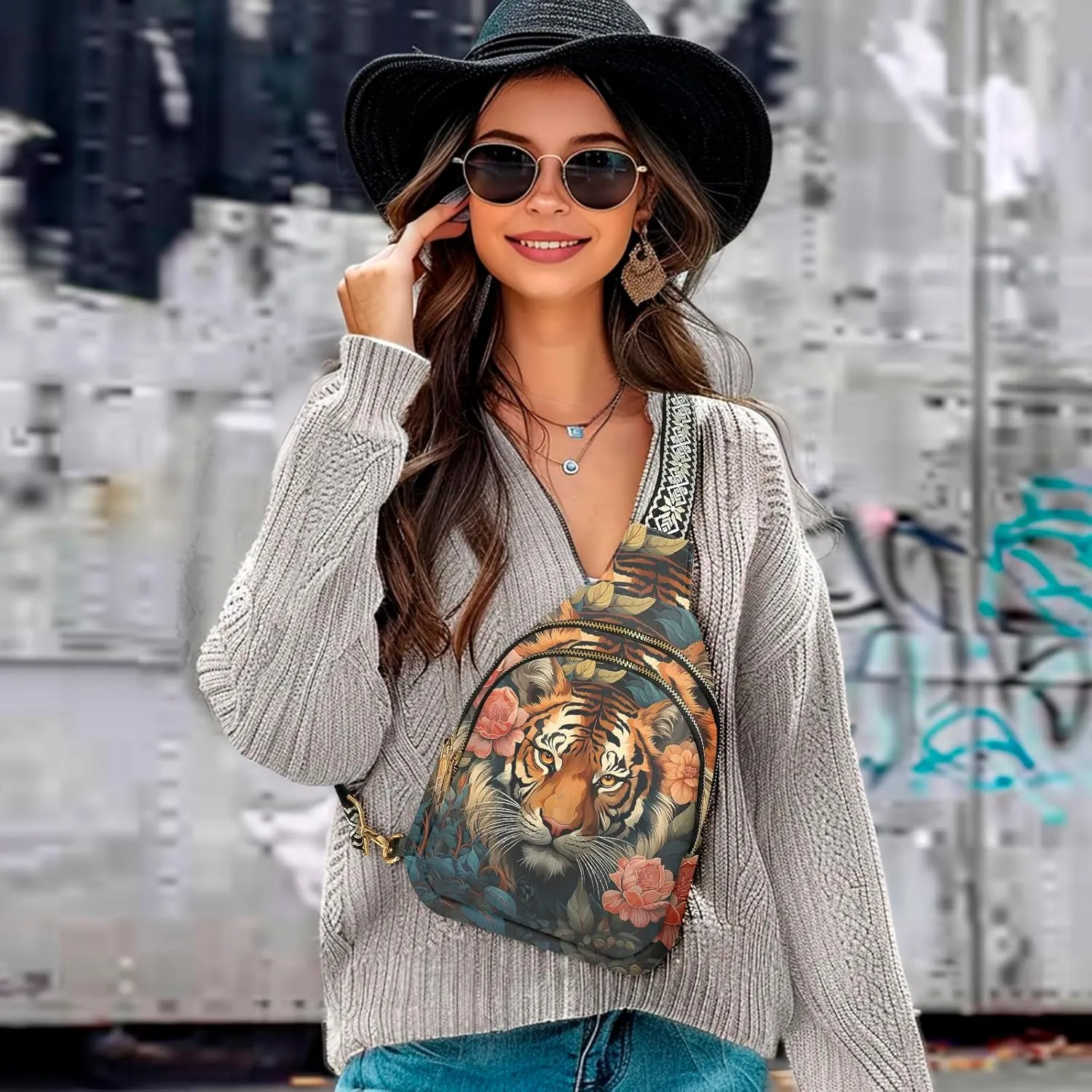 Tiger Leather Sling Bag Small Crossbody Backpack Travel Shoulder Pack Hiking chest Daypack for Women Adjustable Lightweight Outdoor Waterproof Workout