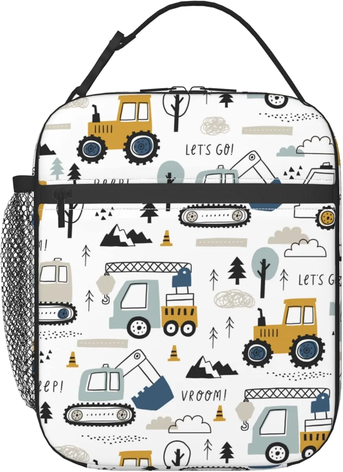 Toddler Boys Lunch Bag Construction Truck Tractor White Insulated Lunch Box for School Kids Age 3-8 Leak Proof Reusable Meal Tote Bag for Kindergarten Preschool