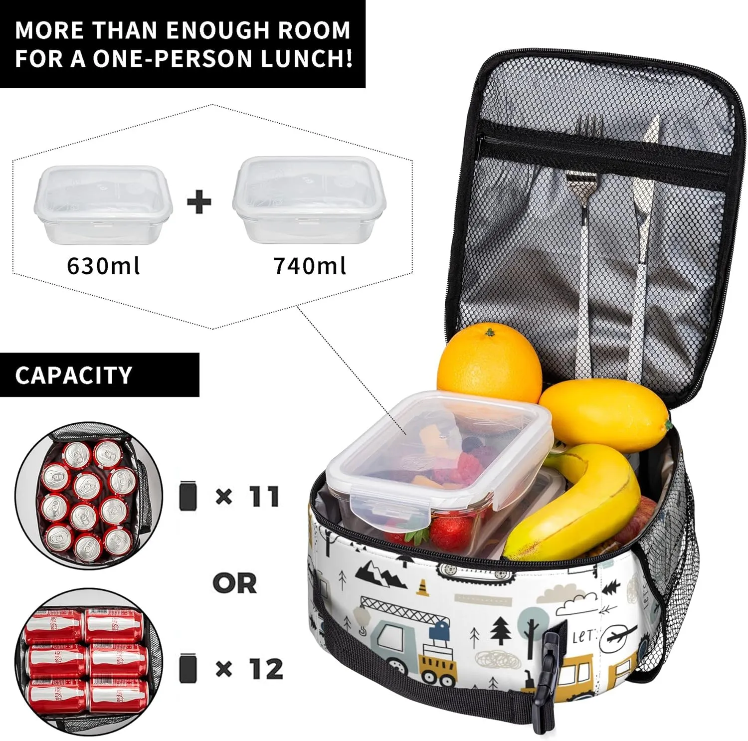 Toddler Boys Lunch Bag Construction Truck Tractor White Insulated Lunch Box for School Kids Age 3-8 Leak Proof Reusable Meal Tote Bag for Kindergarten Preschool