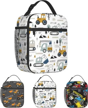 Toddler Boys Lunch Bag Construction Truck Tractor White Insulated Lunch Box for School Kids Age 3-8 Leak Proof Reusable Meal Tote Bag for Kindergarten Preschool