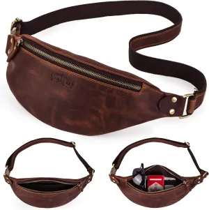Top Grain Genuine Leather Slim Waist Pack for Man & Woman, Minimalist Vintage Design, Handmade with Detachable Hardware, Slim Fanny Pack Small Crossbody Belt Bag for Traveling or Riding, Red Coffee