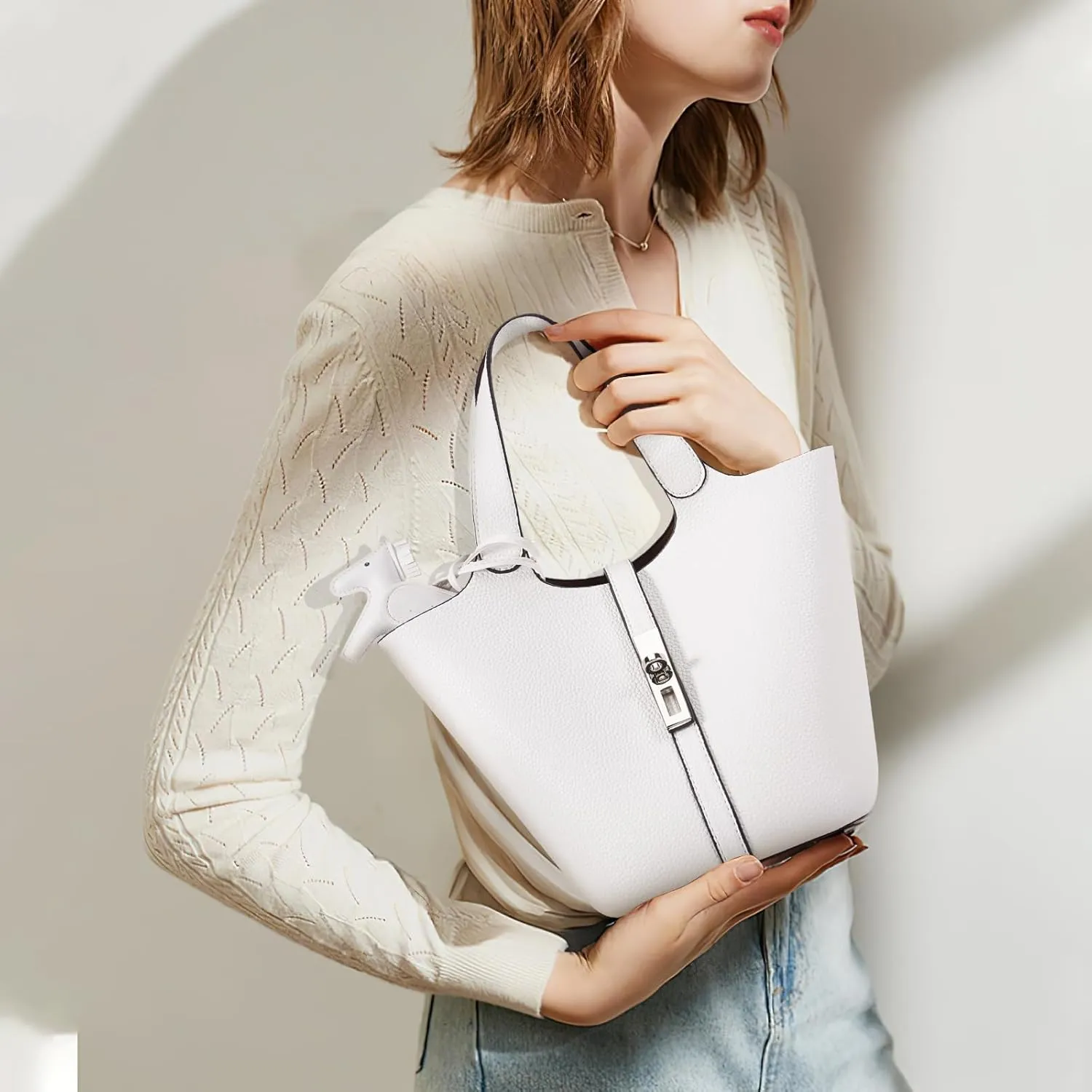 Top Handle Bag for Women Vegan Leather Bucket Bag for Women Shoulder Purse Satchel with Detachable Small Purse