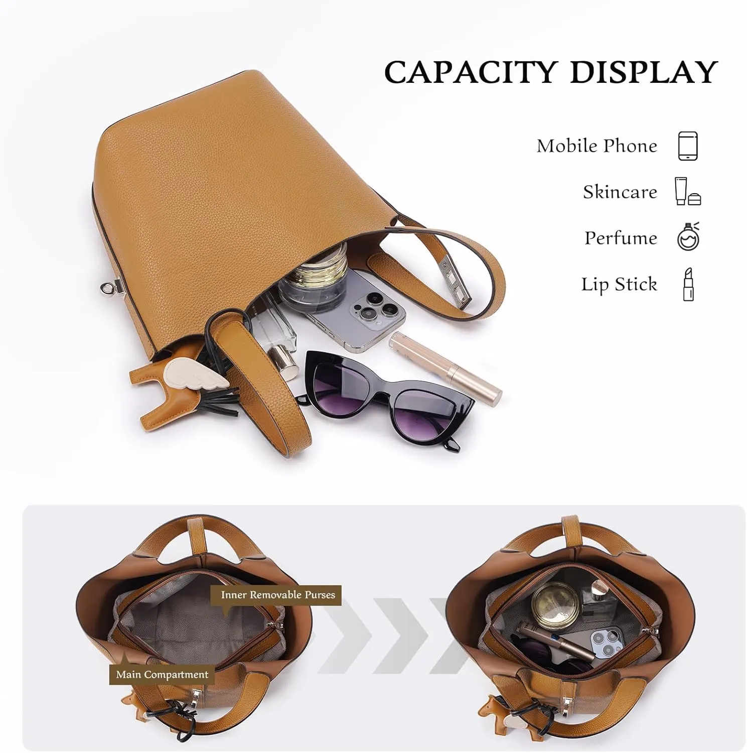 Top Handle Bag for Women Vegan Leather Bucket Bag for Women Shoulder Purse Satchel with Detachable Small Purse