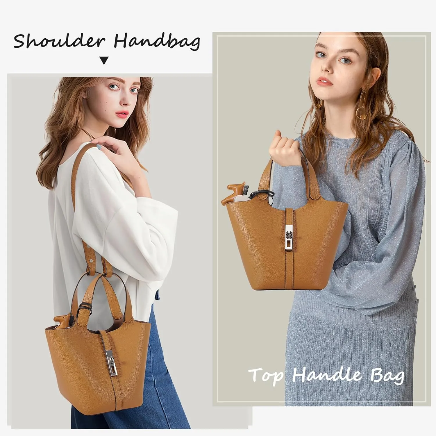 Top Handle Bag for Women Vegan Leather Bucket Bag for Women Shoulder Purse Satchel with Detachable Small Purse