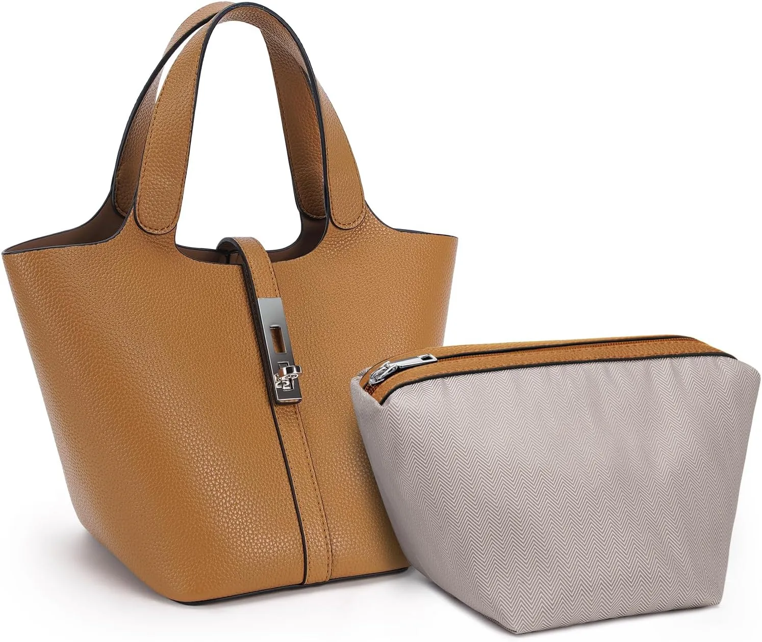 Top Handle Bag for Women Vegan Leather Bucket Bag for Women Shoulder Purse Satchel with Detachable Small Purse