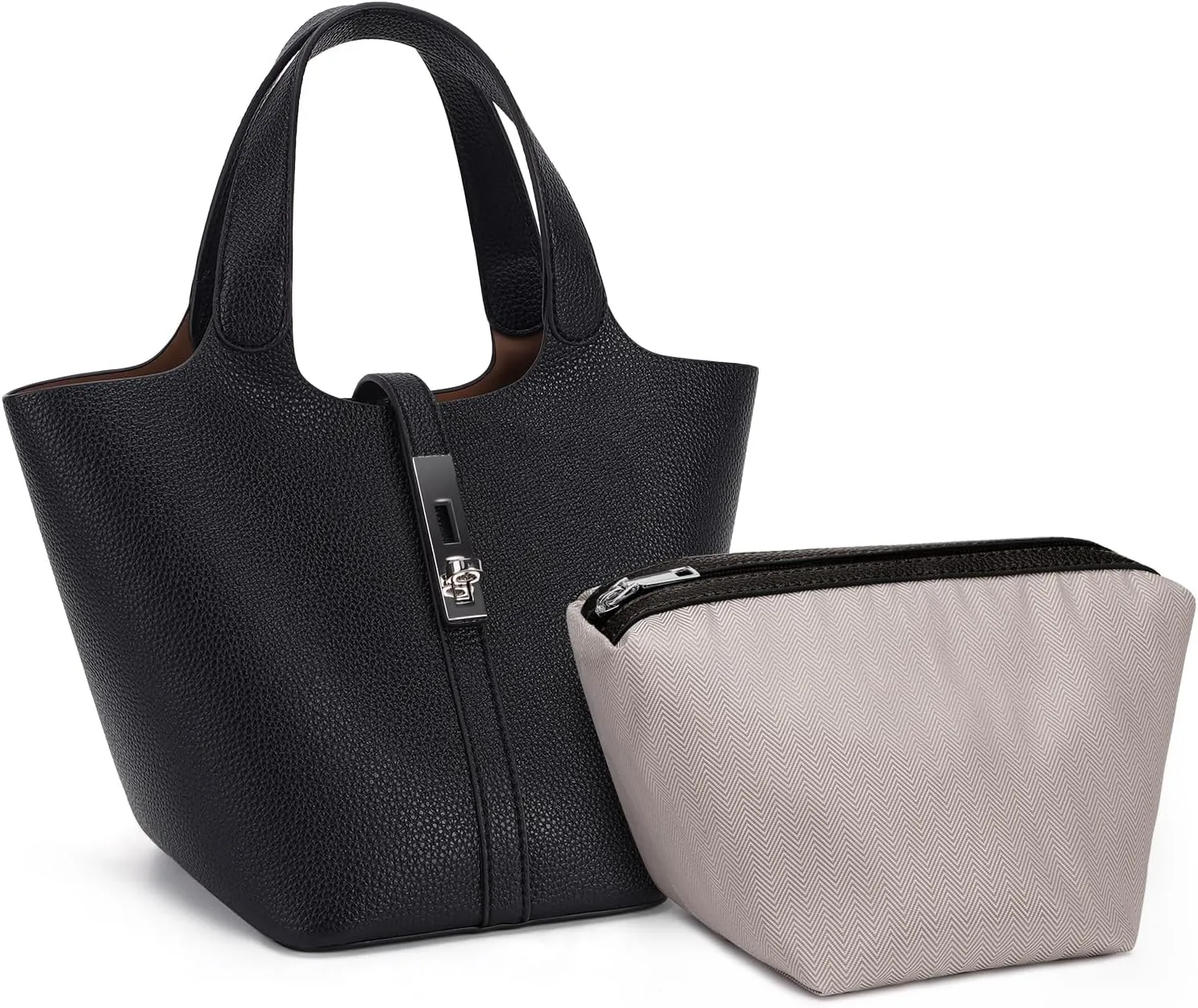 Top Handle Bag for Women Vegan Leather Bucket Bag for Women Shoulder Purse Satchel with Detachable Small Purse