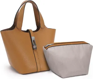 Top Handle Bag for Women Vegan Leather Bucket Bag for Women Shoulder Purse Satchel with Detachable Small Purse