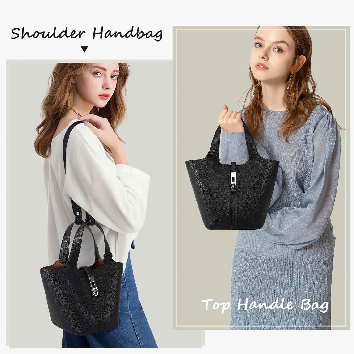 Top Handle Bag for Women Vegan Leather Bucket Bag for Women Shoulder Purse Satchel with Detachable Small Purse