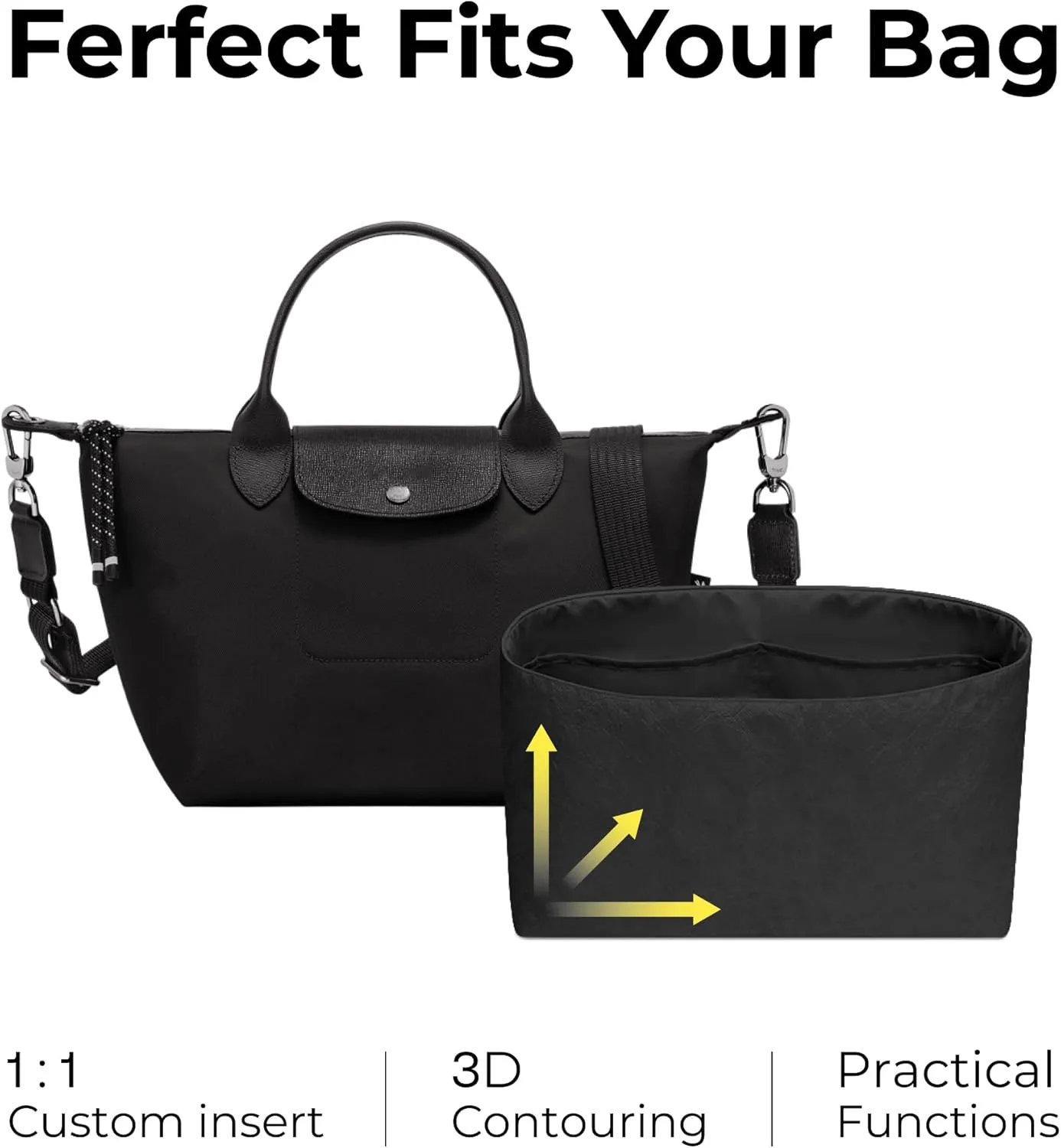 Tote Bag Organizer Insert for Le Pliage Energy S Handbag, Custom Fit Inside Premium Matte Black S Lightweight WaterResistant Purse Insert with Cup Holder Accessories
