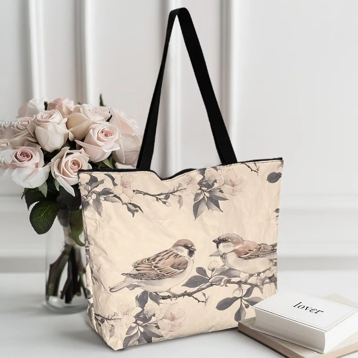 Tote Paper Bag USA Flag Shoulder Bag with Zippers, Jeans Pocket Puppy Large Shopping Beach Bags Handle Book Tote
