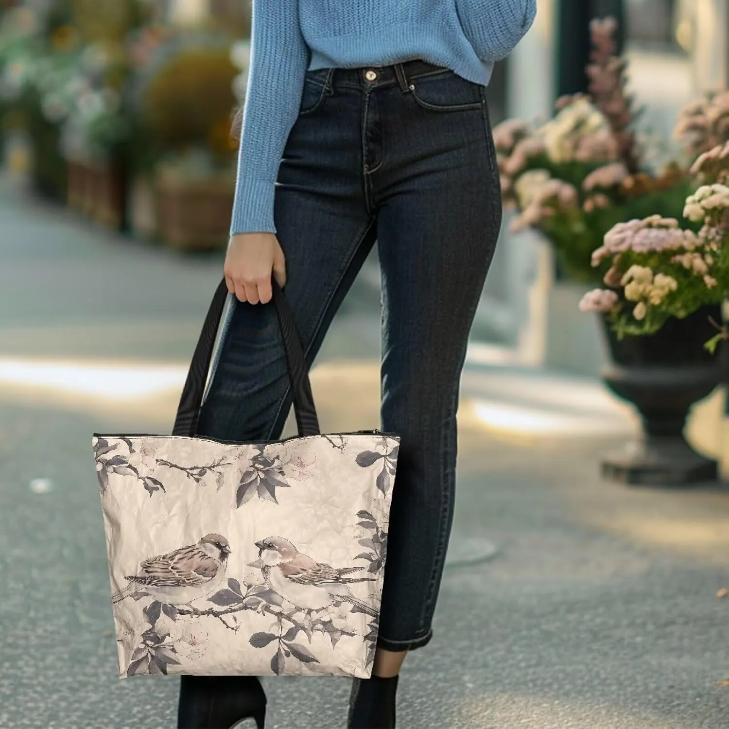 Tote Paper Bag USA Flag Shoulder Bag with Zippers, Jeans Pocket Puppy Large Shopping Beach Bags Handle Book Tote