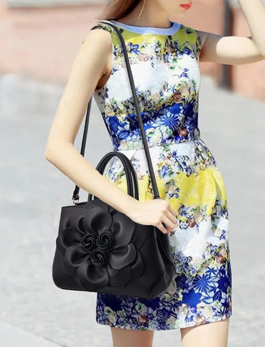 Tote Top-handle Handbags for Women 3D Floral Purse PU Leather Hobo Crossbody Shoulder Bag Satchel